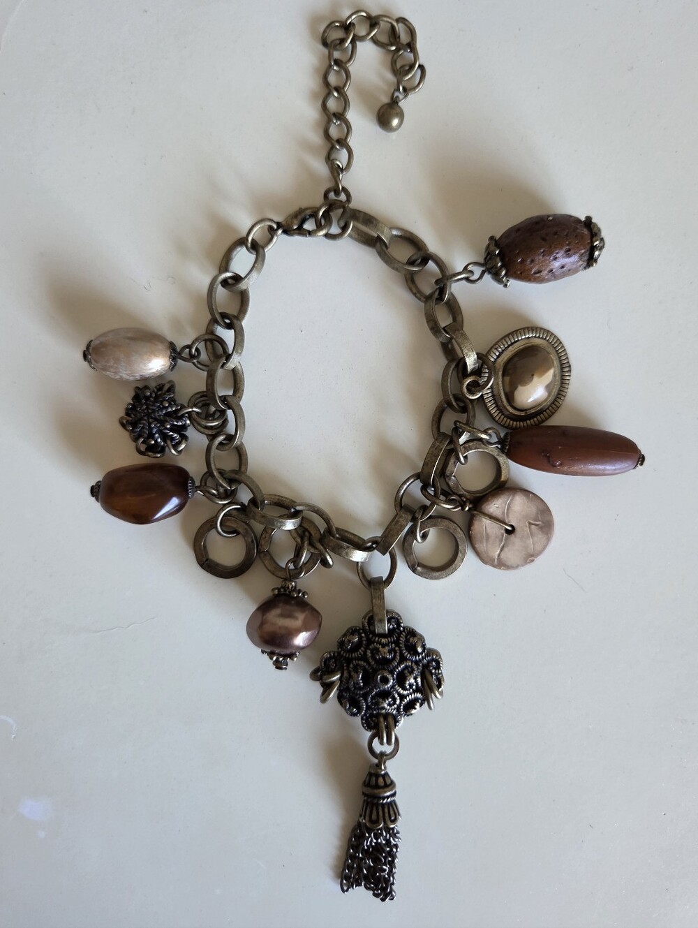 vintage antique brass filigree tassel charm bracelet brown earthy beads chunky